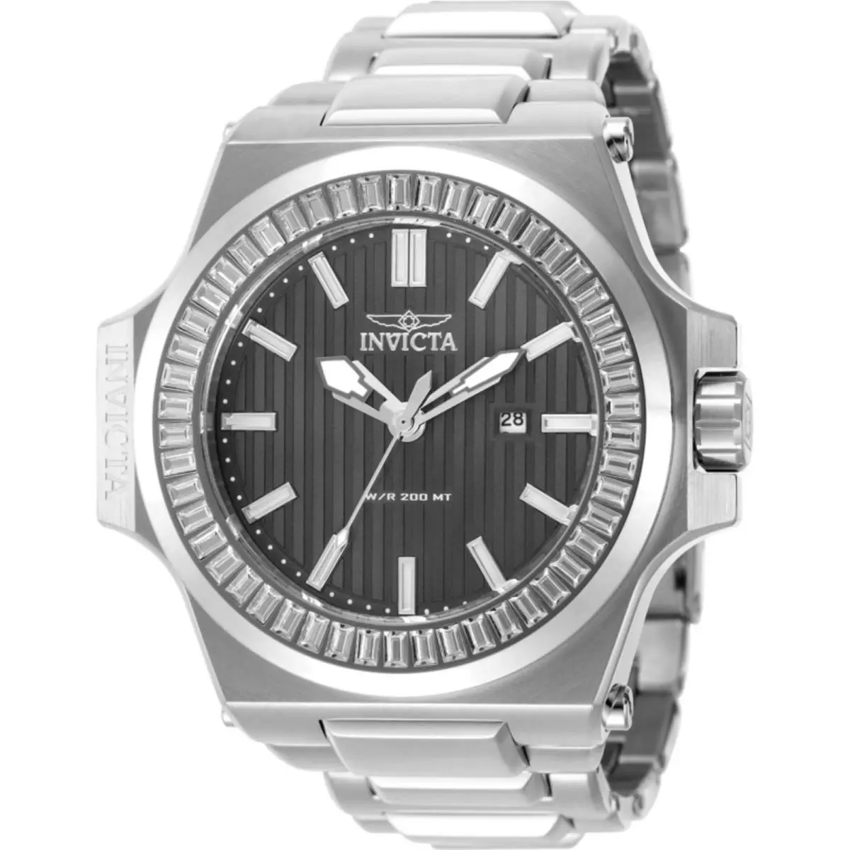 Invicta Akula Quartz Crystal Gunmetal Dial Men`s Watch 49132 - Dial: Gunmetal, Band: Silver-tone, Bezel: Transparent White and Silver-tone and White