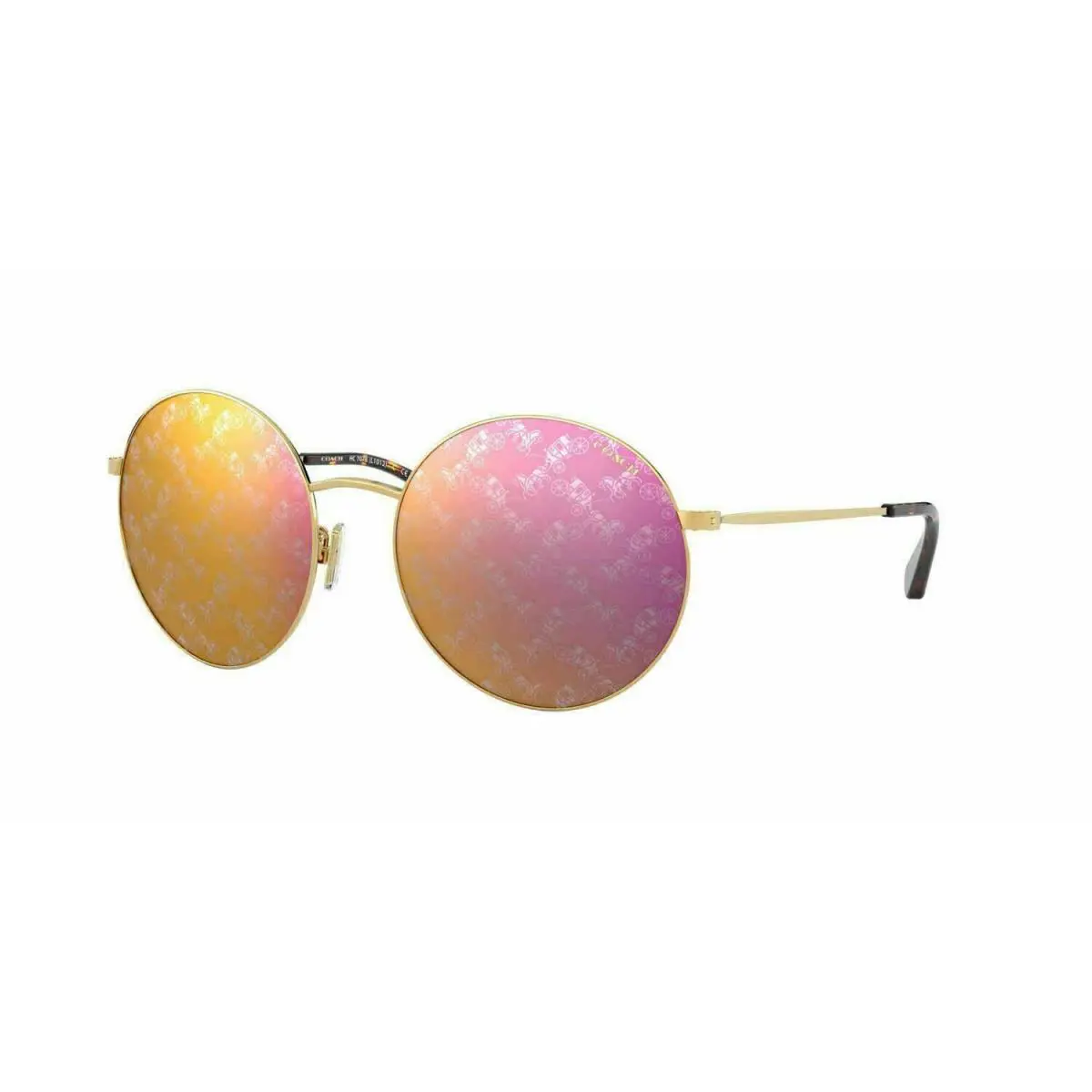 Coach HC7078 9005AC Round Sunglasses Light Gold Burgundy Mirror H C Print