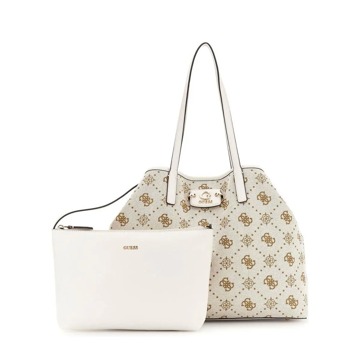 Guess Neda Logo Large Canvas Tote Set Pouch Womens Bag In Off White