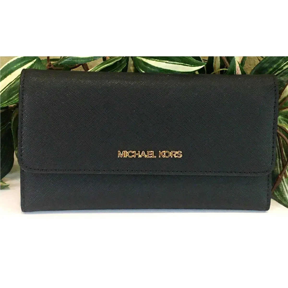 Jet Set Travel Large Trifold Wallet Clutch MK Black Leather Gold by Michael Kors