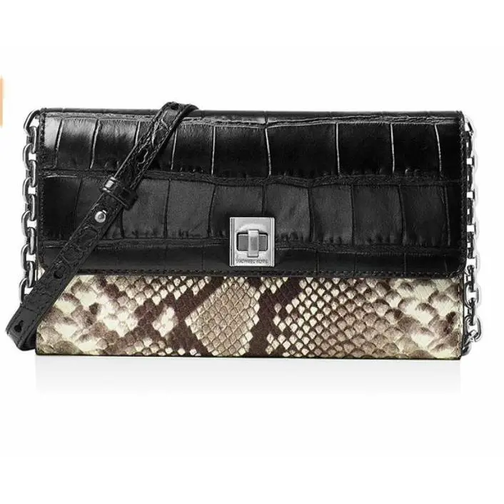 Michael Kors Crossbody Natalie Black Snakeskin Croc Leather Wallet-on-cha