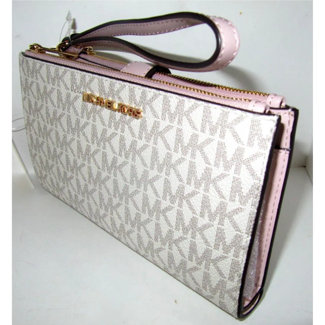 Michael Kors Jet Set Double Zip Wristlet Wallet Powder Blush Logo Phone