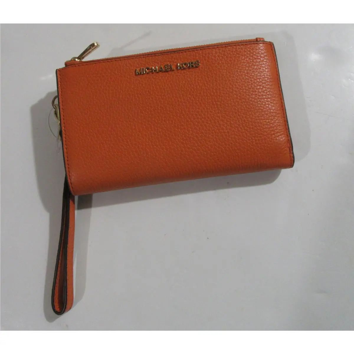Michael Kors Jet Set Travel Double Zip Pebbled Leather Wristlet Wallet Tangerine