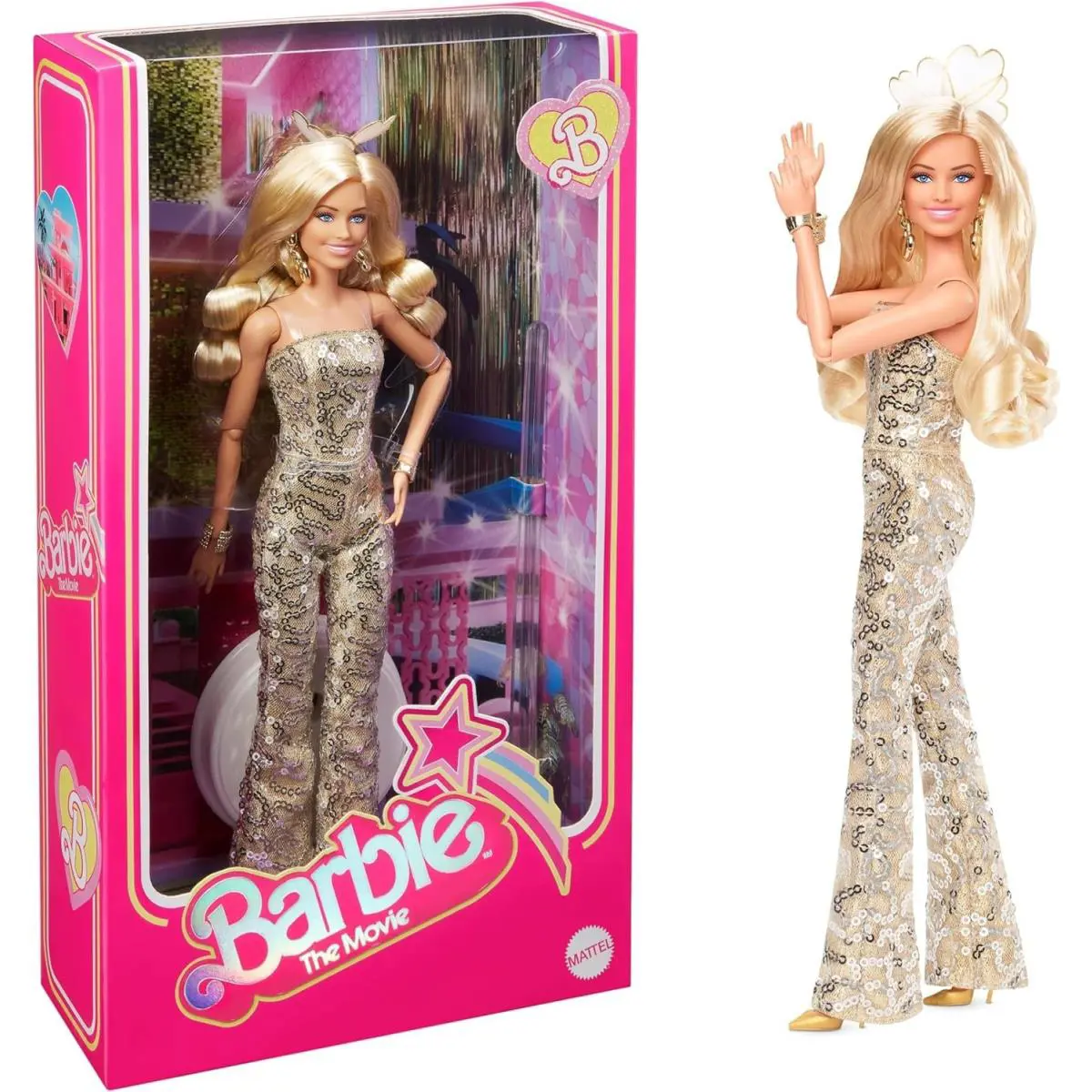Barbie The Movie Margot Robbie Barbie IN Gold Disco Jumpsuit Doll Set
