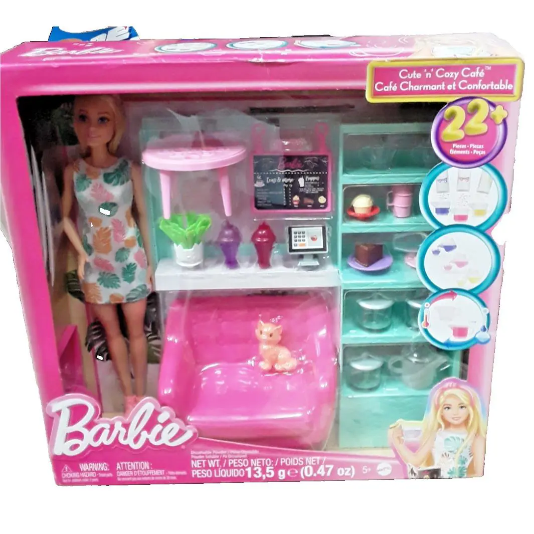 Barbie Cute `n` Cozy Cafe Doll and Playset 21 Accessories Look Description
