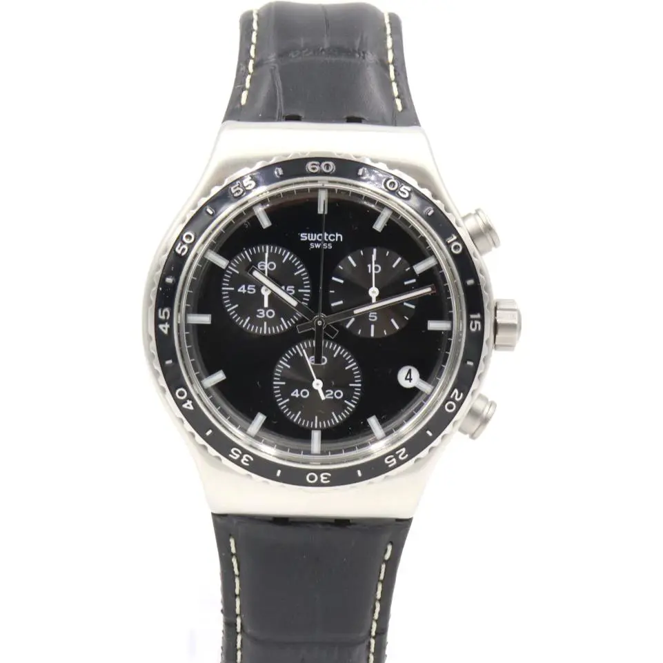 Swiss Swatch Irony AT Night Chrono Black Leather Date Watch 34mm YVS495