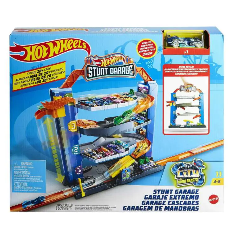 Hot Wheels City Stunt Garage Playset with 1 Toy Car in 1:64 Scale Storage