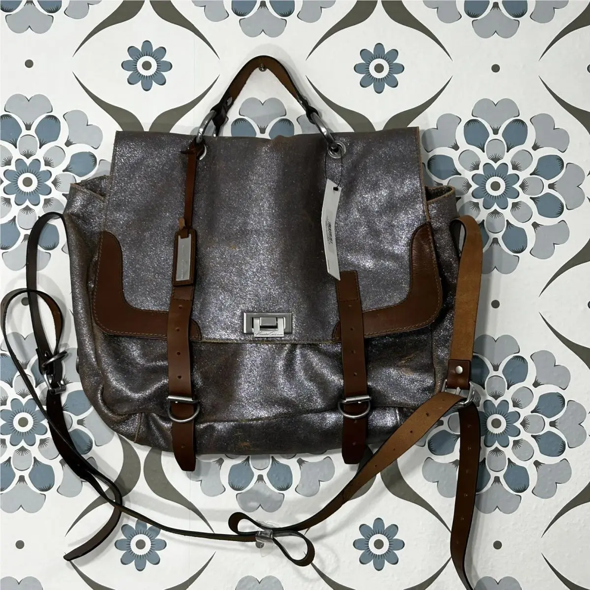 Kenneth Cole Hudson Messenger Bag Leather Brown Sparkle Crossbody