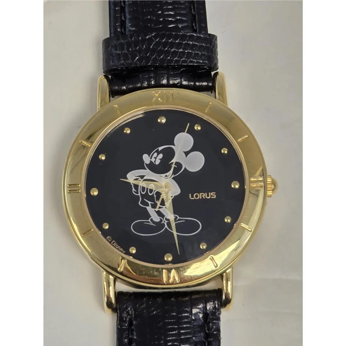Disney Mickey Mouse Black Dial Gold Tone Quartz Watch Leather Strap by Lorus