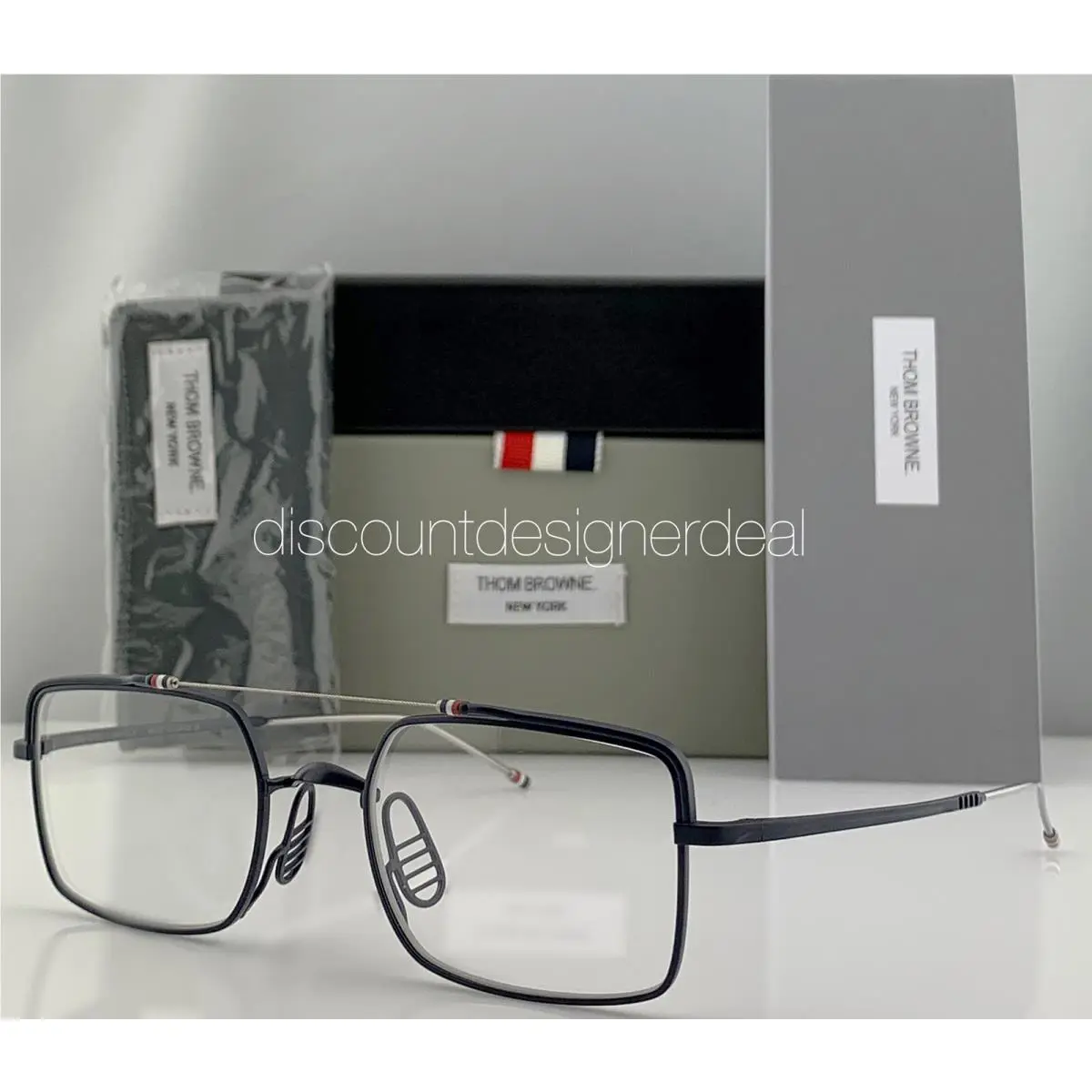 TBX909-49-03 Square Eyeglasses Navy Blue Metal Clear Demo Lens by Thom Browne