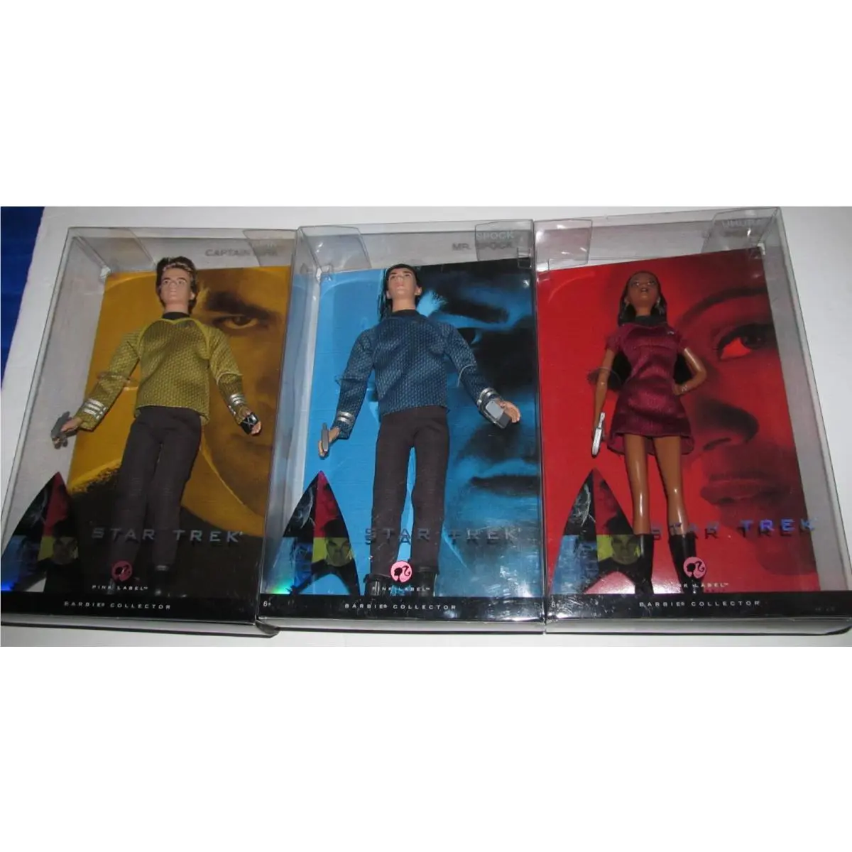 Star Trek Barbie 50th Anniversary Pink Label Collector Uhura Capt Kirk Spock