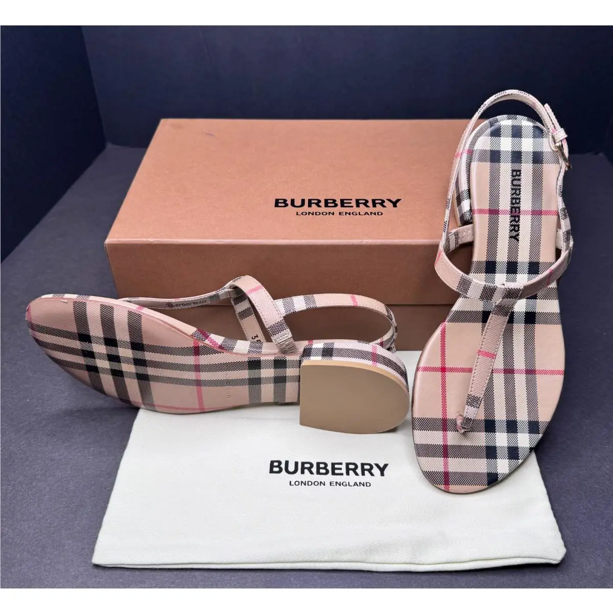 Burberry Emily Checked Women`s Beige Slingback Low Heeled Sandals W/dust Bag/tag