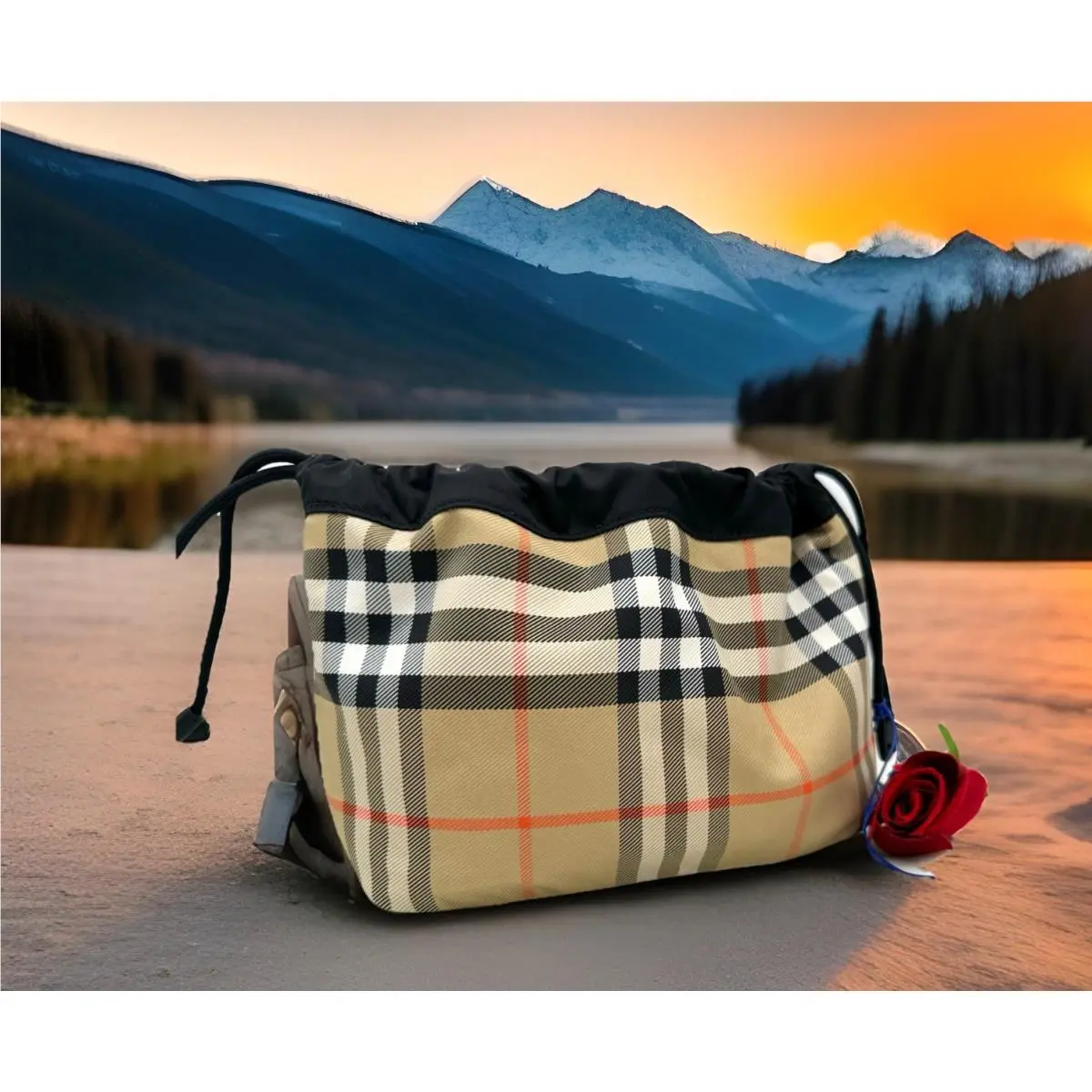 Burberry Horseshoe Reversible Check Pattern Drawstring Pouch-black
