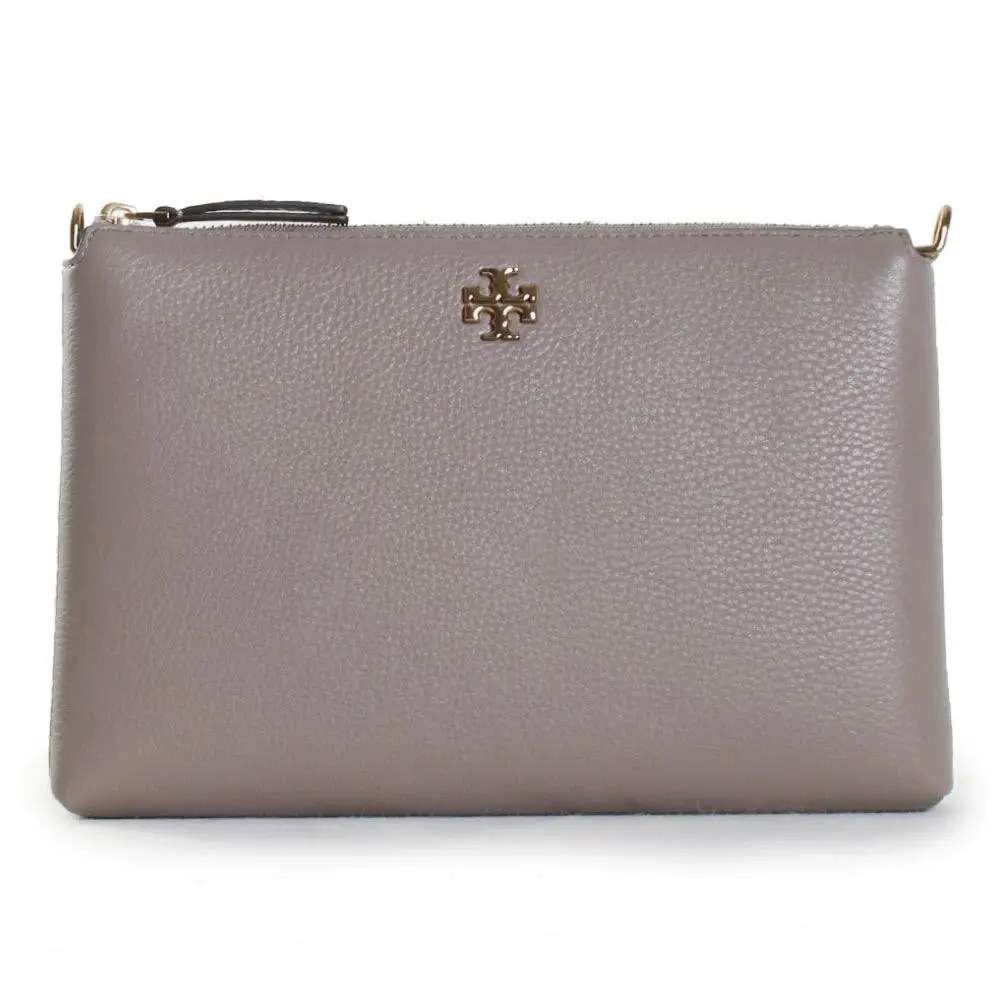 Tory Burch Womens Kira Pebbled Shoulder Crossbody Wallet Taupe Small