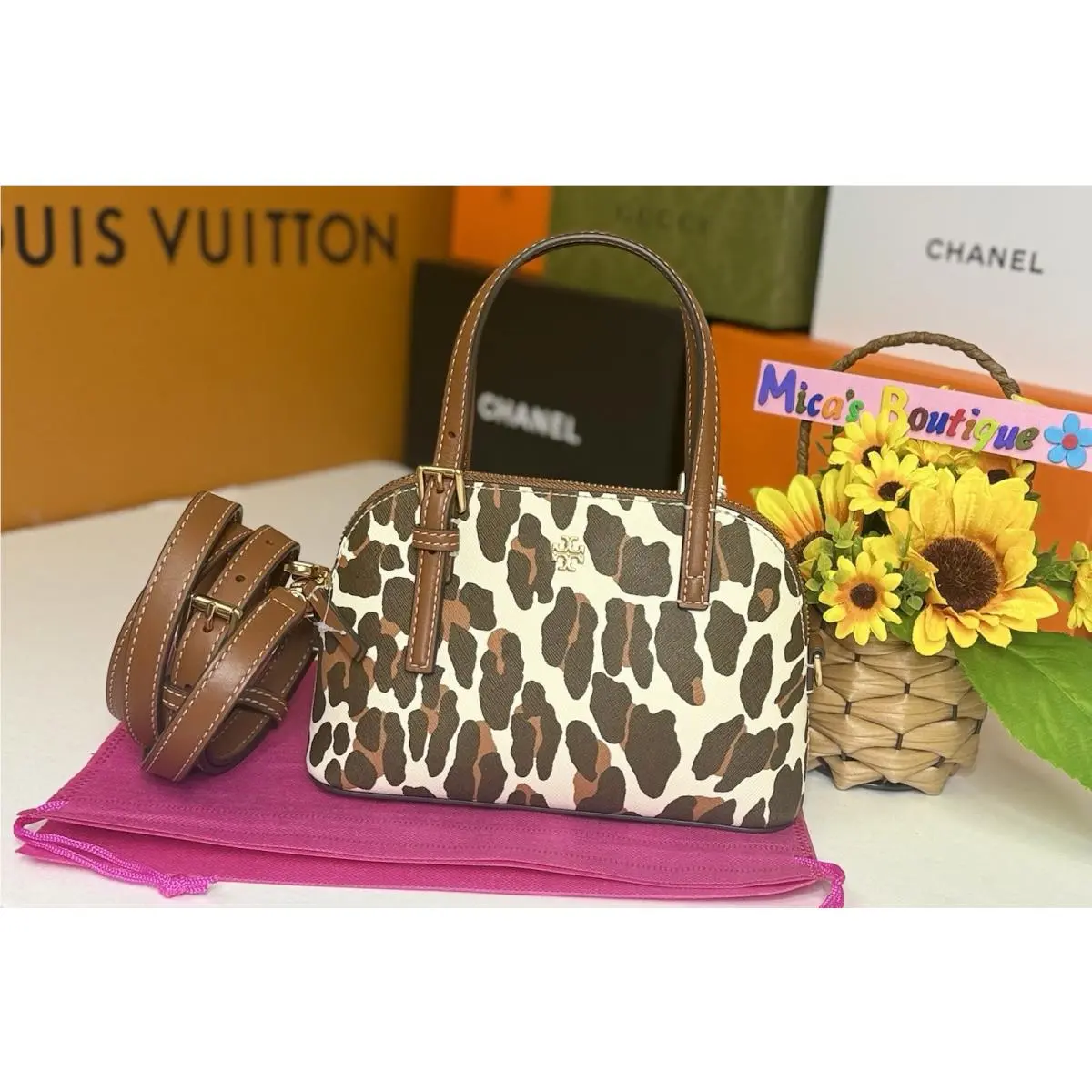 🆕tory Burch Emerson Printed Dome Satchel Beige Reval Leopard