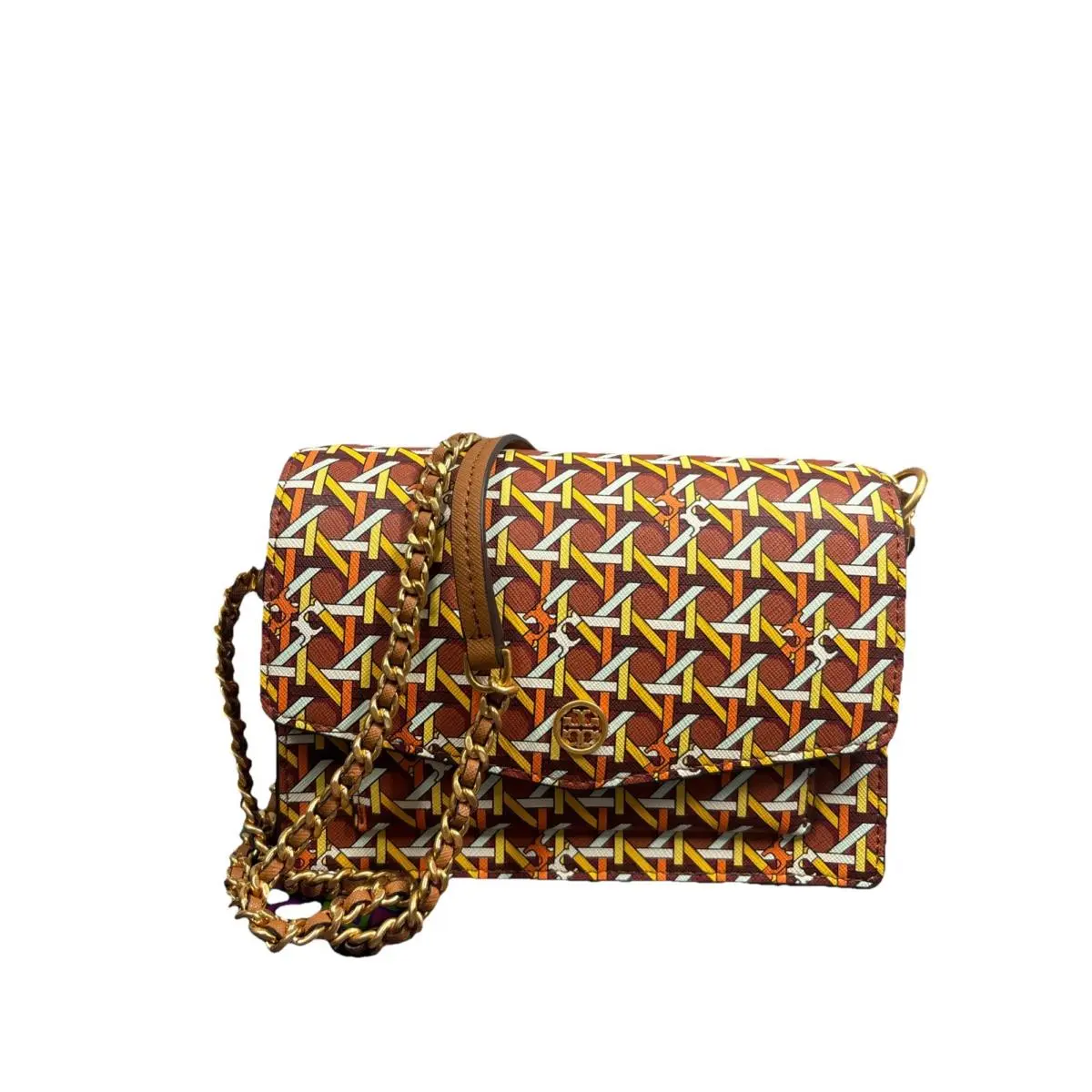 Tory Burch Printed Mini Shoulder Bag in Aged Camello Basketweave Brown Sz OS