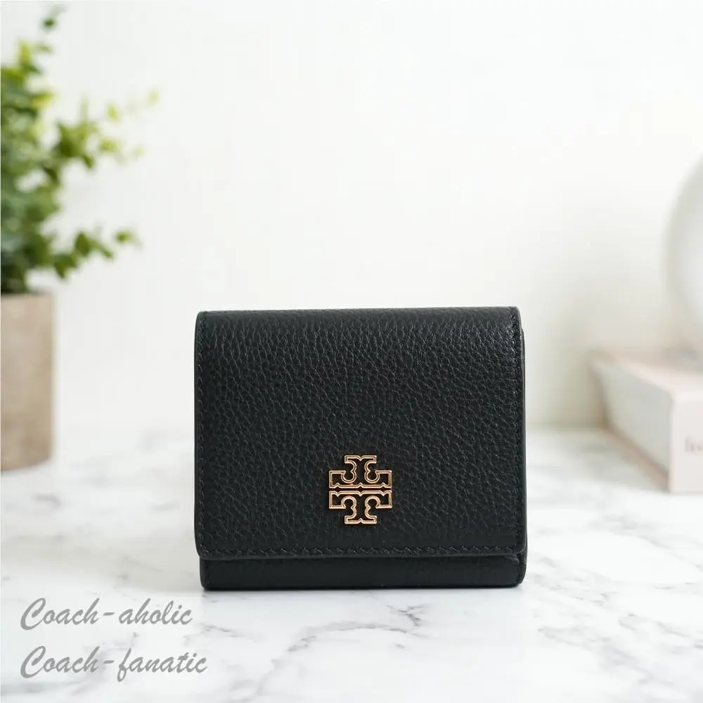 Tory Burch Britten Compact Pebbled Leather Wallet in Black 159431