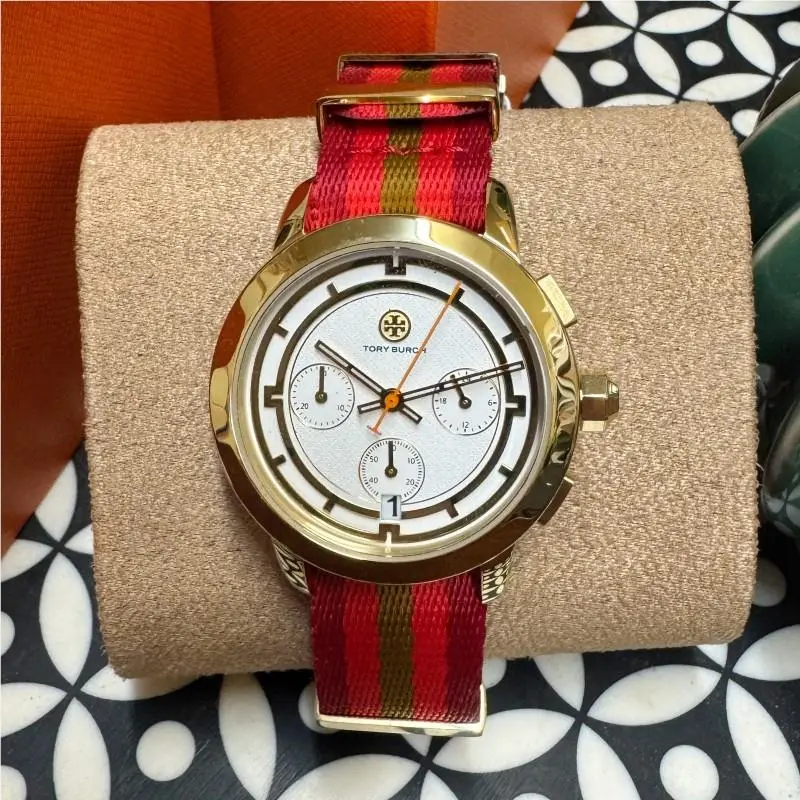 Tory Burch The Tory Chronograph White Dial Two Tone Nato Strap Watch TBW1036