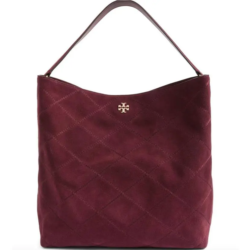 Tory Burch Womens Port Frida Purple Stitched Suede Hobo Tote X3103 - Exterior: Purple