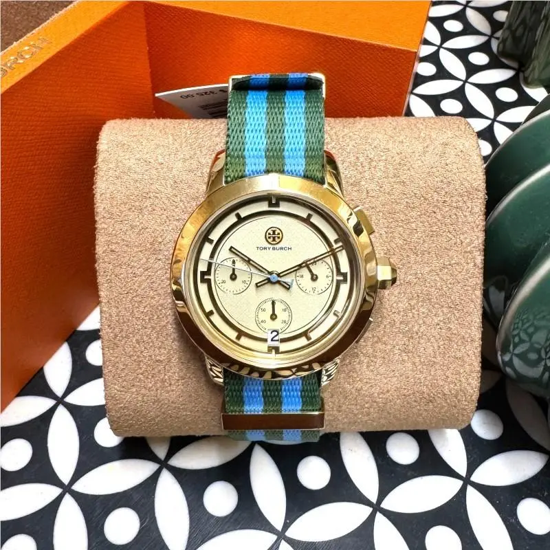 Tory Burch The Tory Chronograph White Dial Two Tone Nato Strap Watch TBW1037