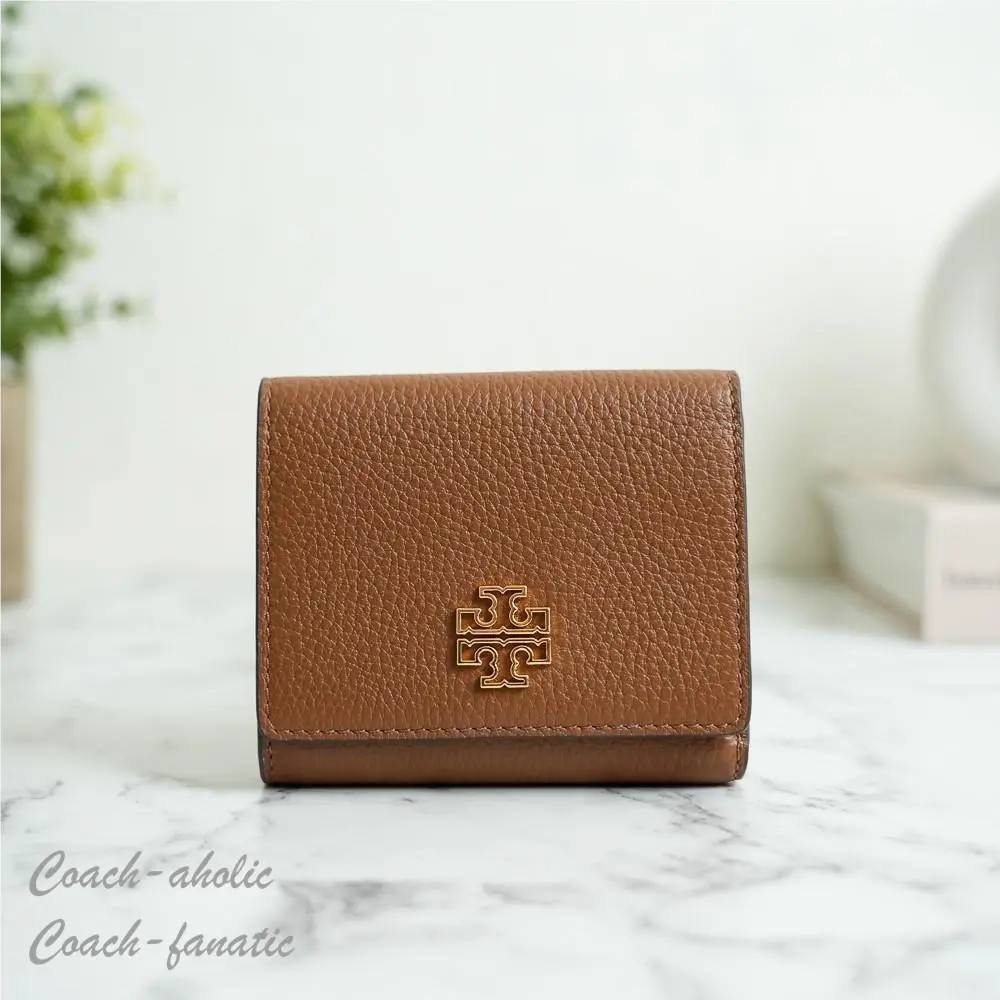 Tory Burch Britten Compact Pebbled Leather Wallet in Moose 159431