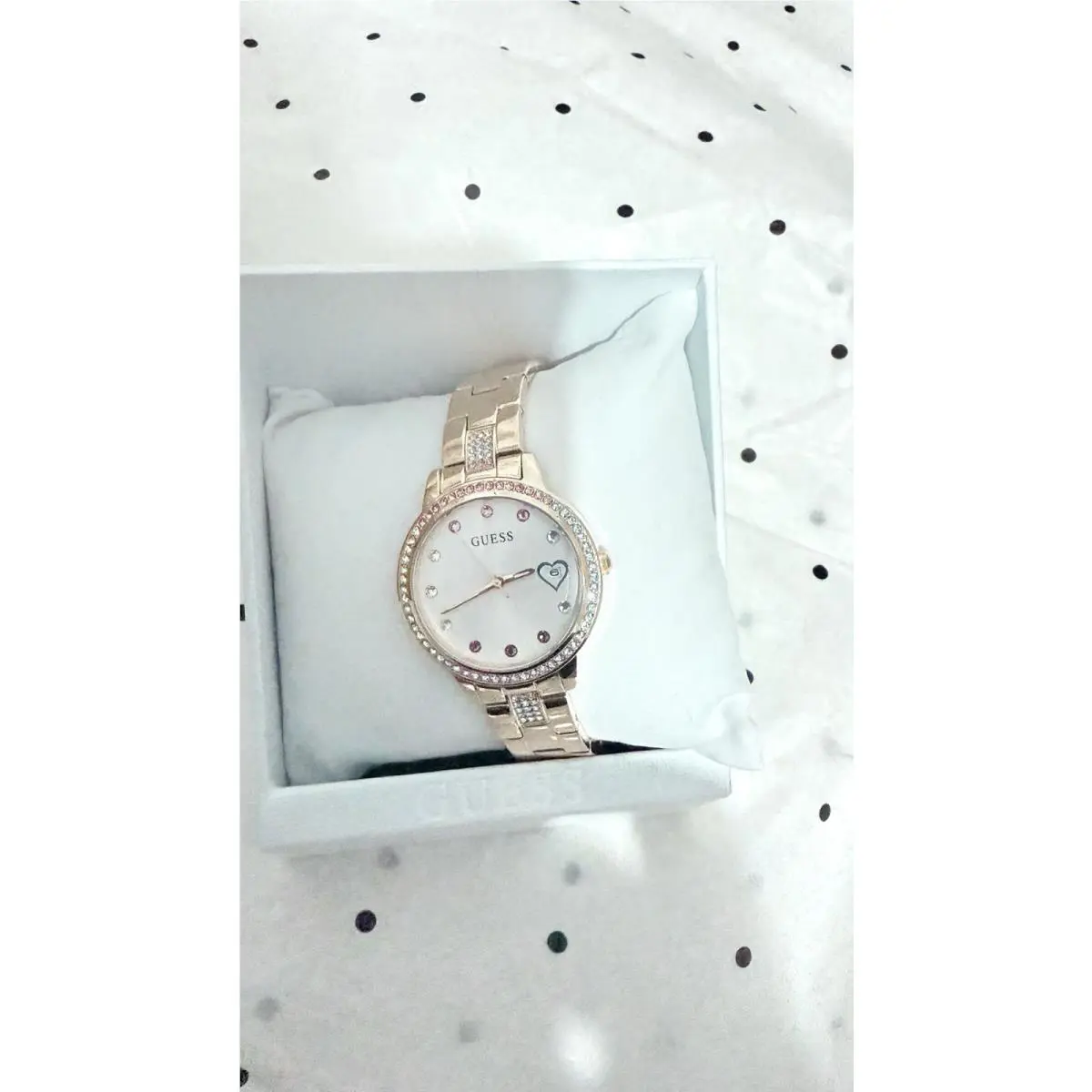 Guess Women’s Three of Hearts 34mm Dress Watch GW0657L3 Gold Crystals Heart