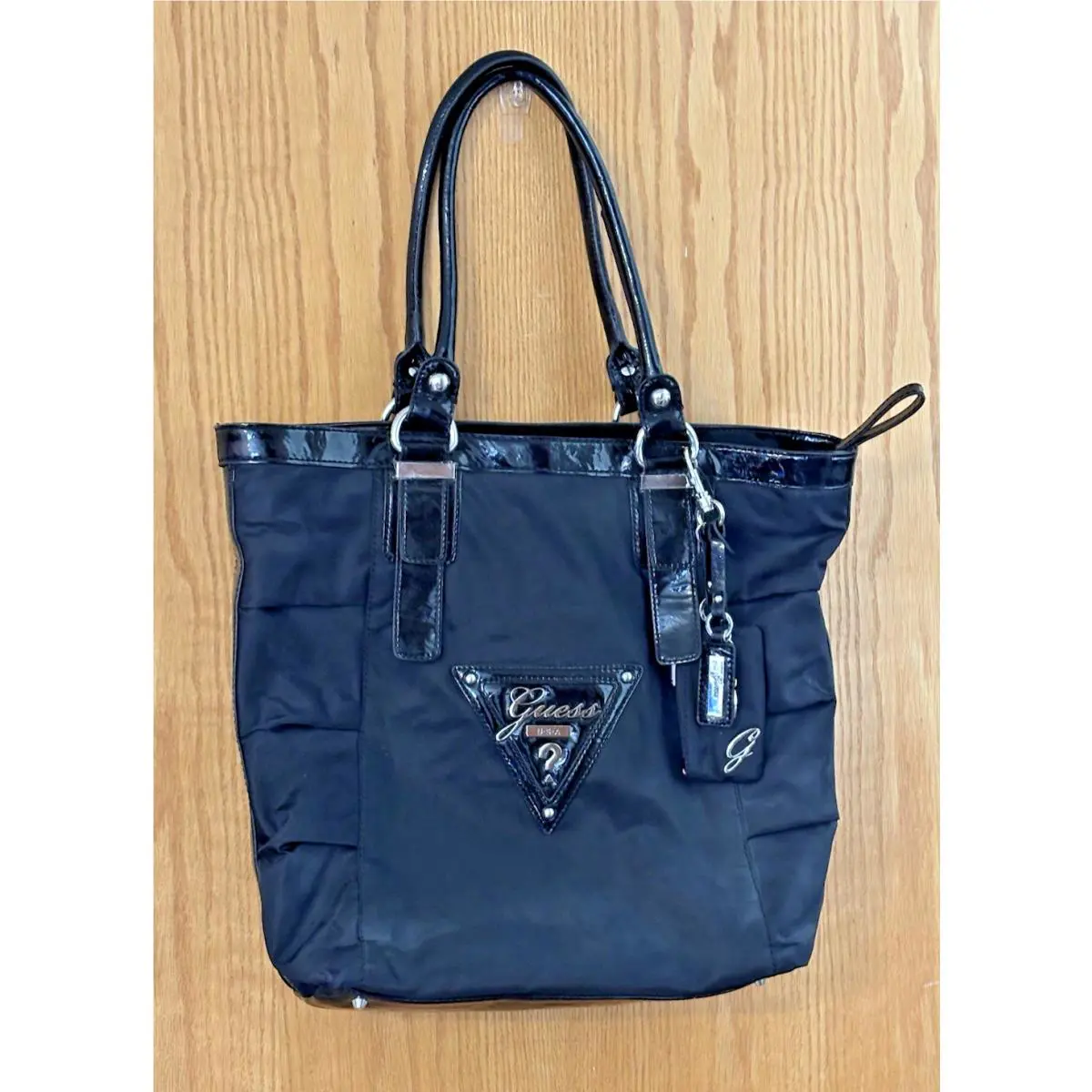 Guess Aviation Black Nylon Patent Leather Tote Bag Purse NL285624 Logo