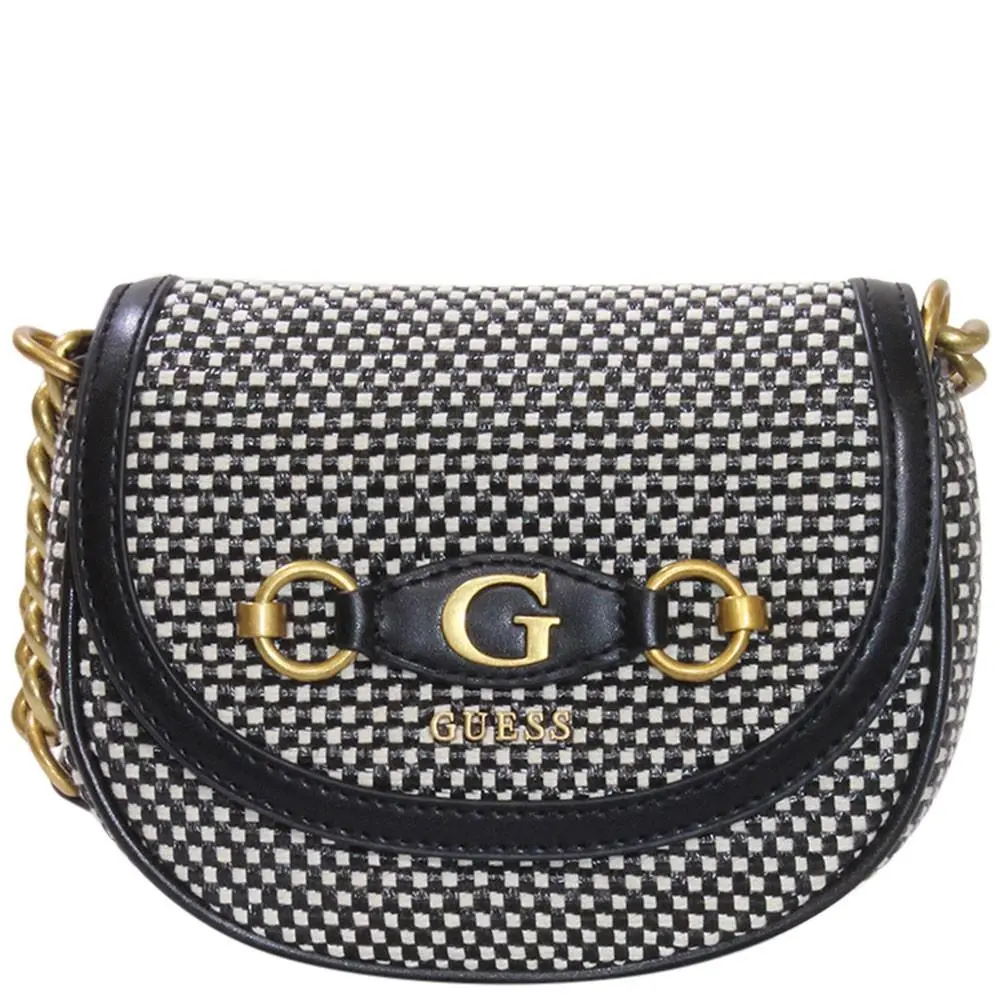 Guess Women`s Izzy Handbag Black/natural Straw Mini Crossbody Flap