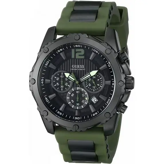 Guess W0167G4 Sport Black Dial Chronograph Green Silicone Strap Men`s Watch