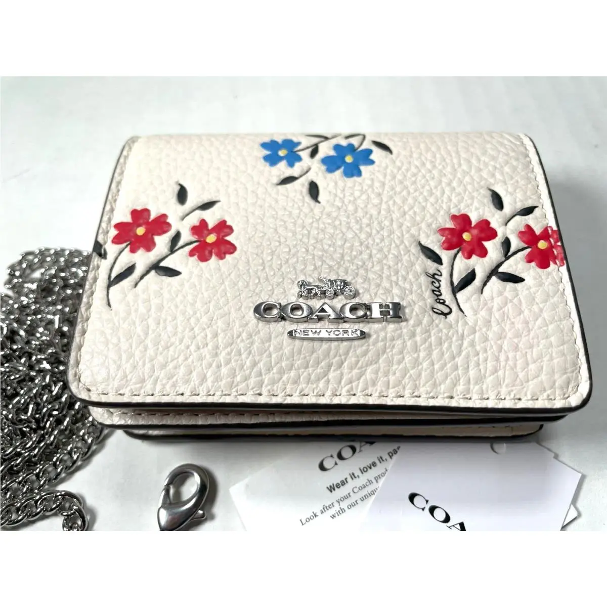 Coach CU005 Pebble Leather Mini Wallet Chalk Floral/metal Chain/$198/NWT
