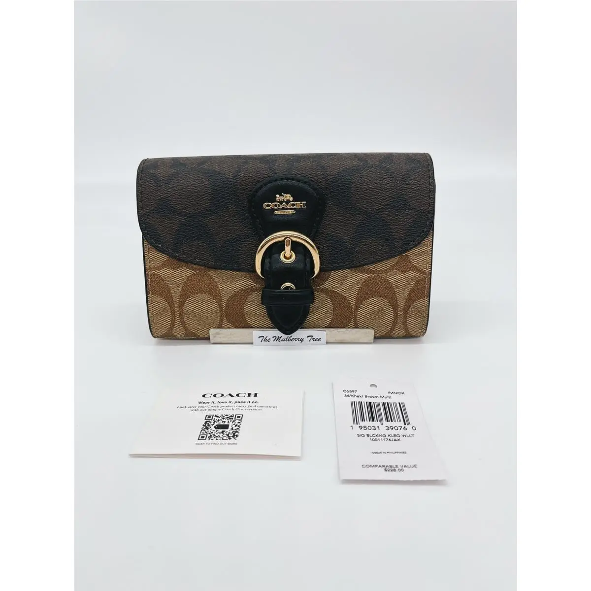 Coach C6897 Kleo Wallet In Blocked Signature Canvas Khaki Brown Logo