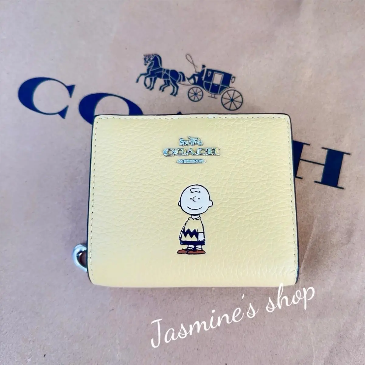 Coach X Peanuts Leather Snap Wallet with Charlie Brown in Yellow CBN90