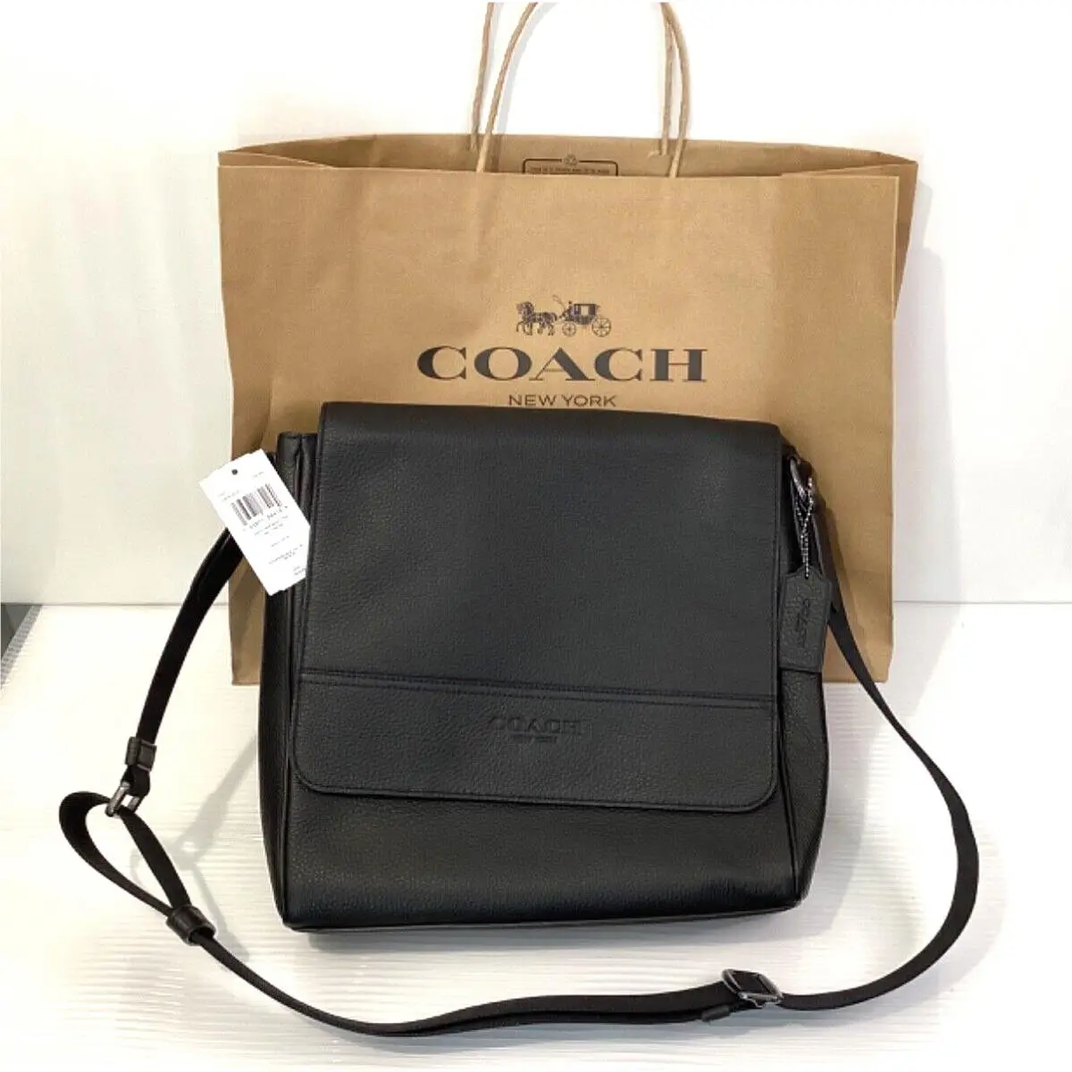 Coach Men’s Messenger Flap Crossbody Black Leather Shoulder Strap Canvas