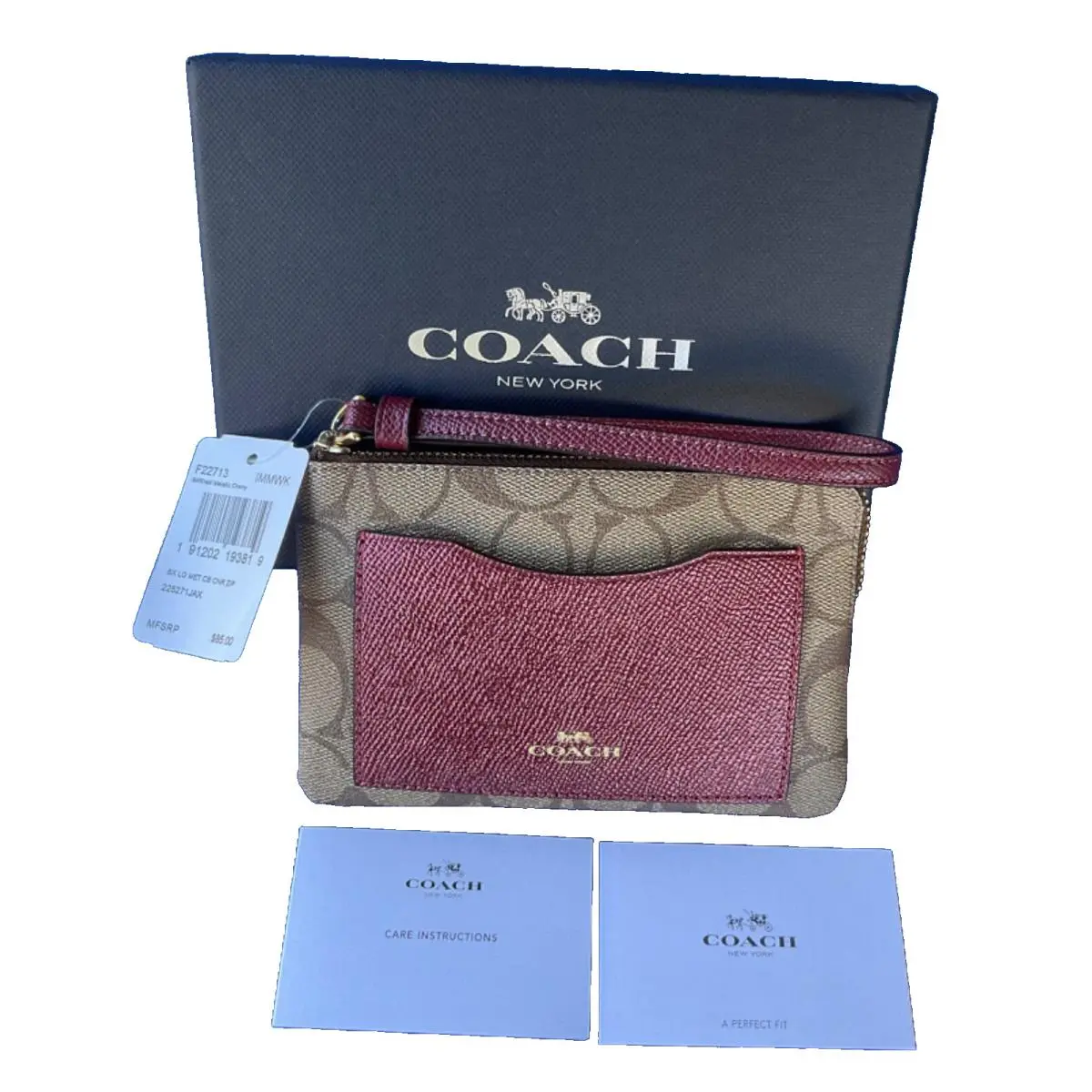 Coach Wristlet Wallet Khaki/ Cherry Metallic Corner Zip