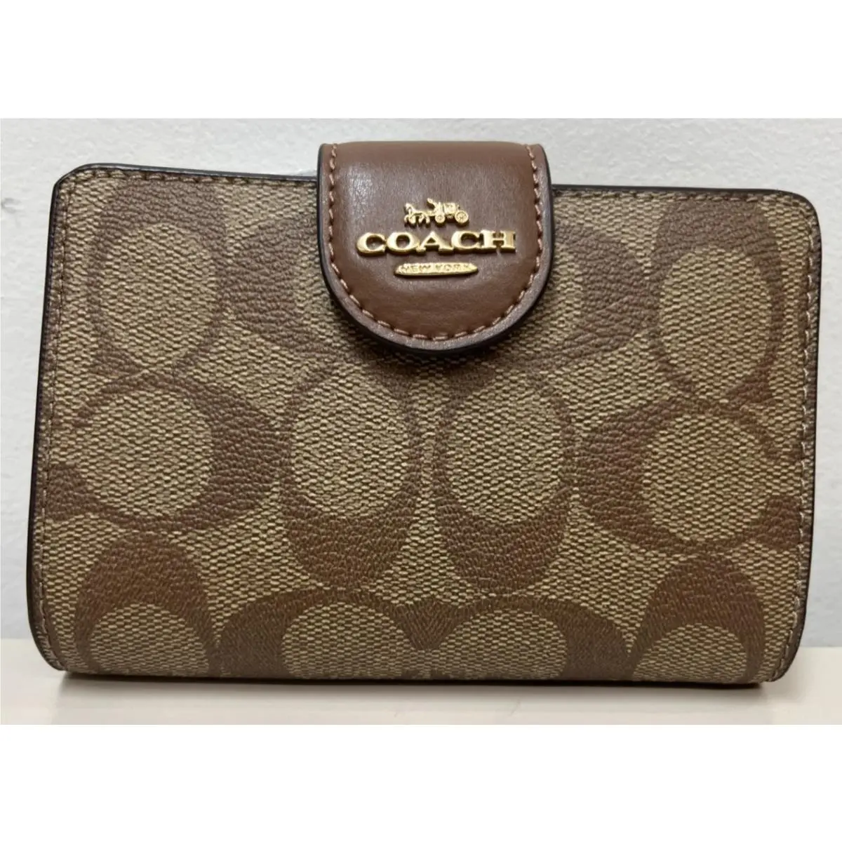 Coach Medium Corner Zip Wallet Signature Canvas Khaki Saddle 2