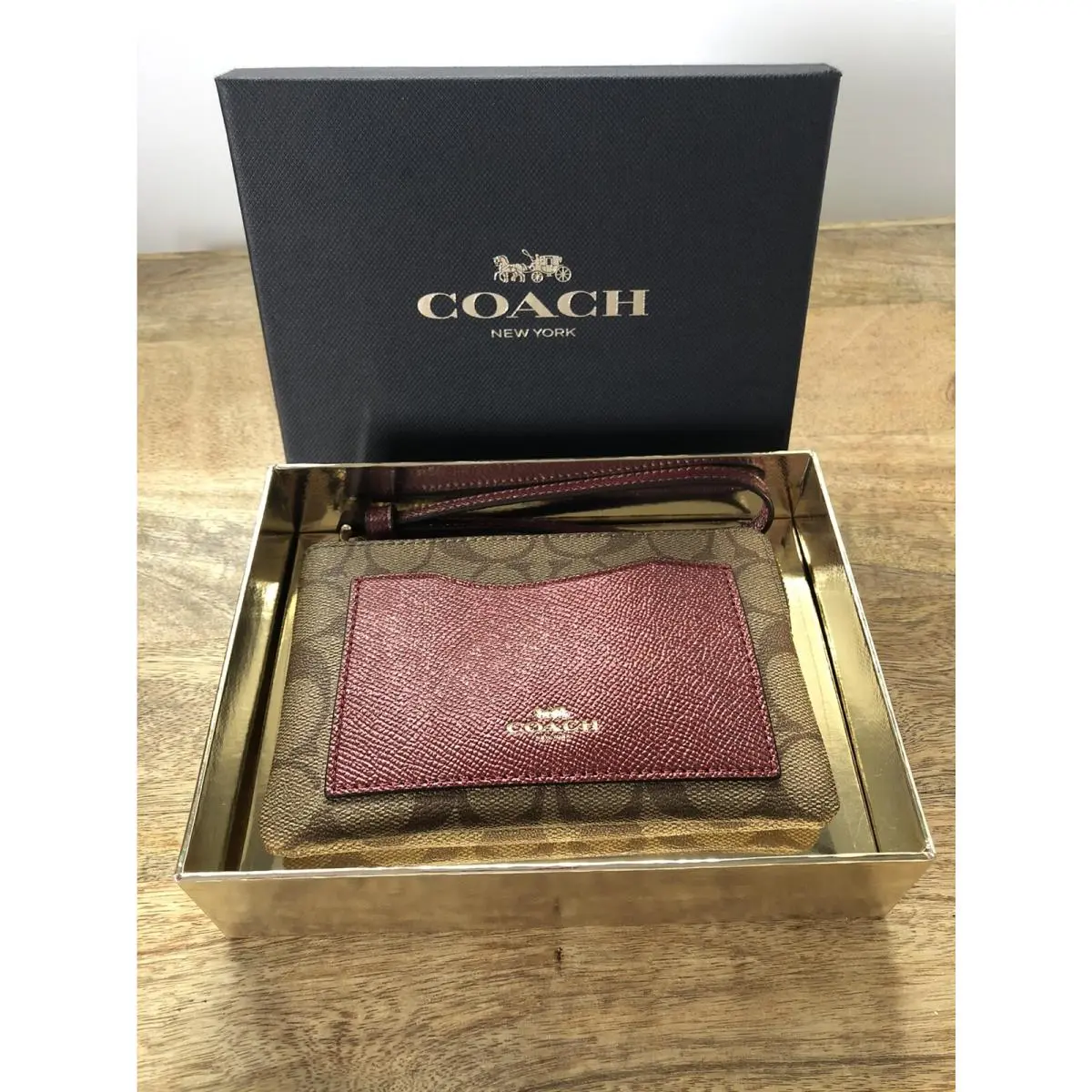 Coach Signature Logo Corner Zip Wristlet In Khaki Metallic Cherry