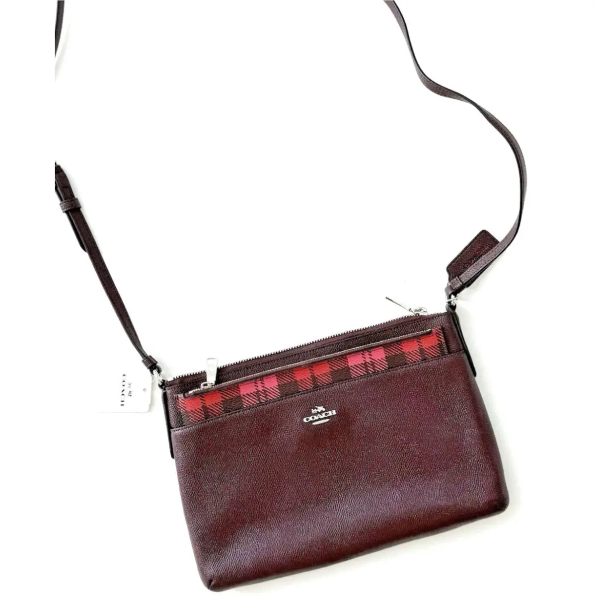 Coach East West Pop Crossbody Purse + Plaid Print Pouch Deep Red/pink 22252
