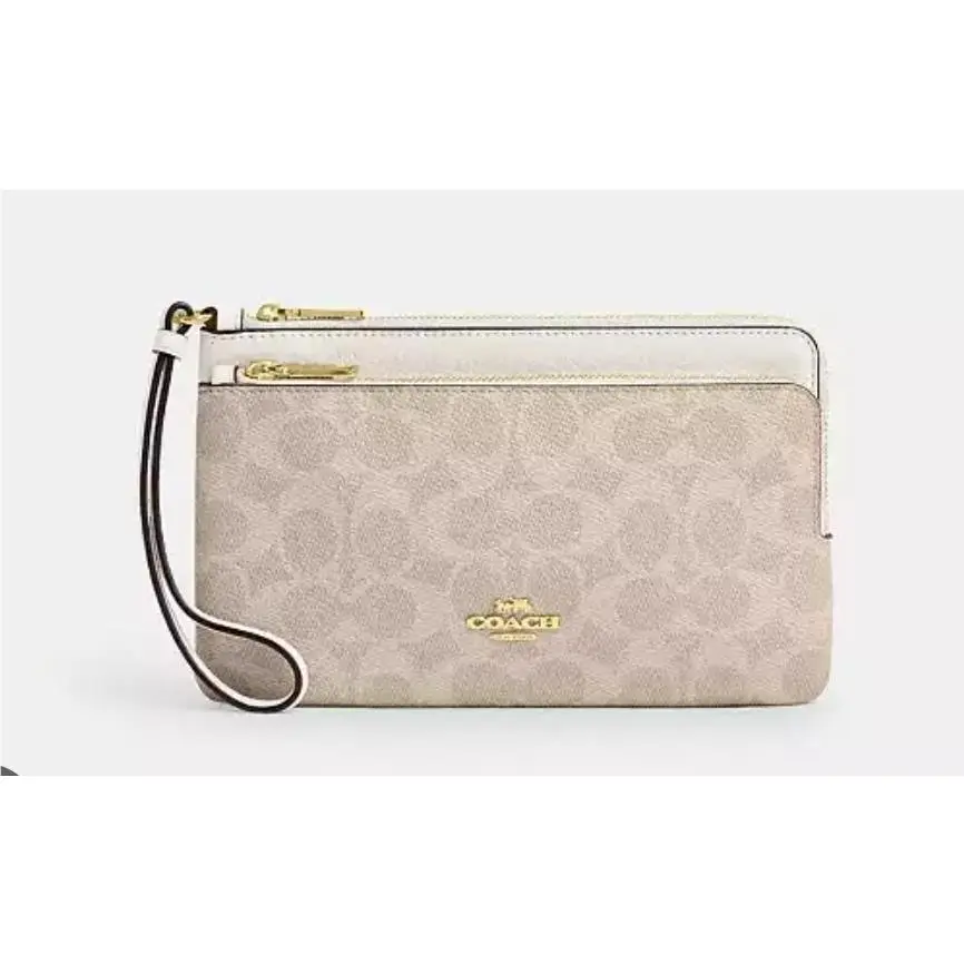 Coach Double Zip Wallet In Signature Canvas Gold/sand/chalk