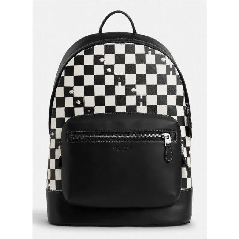 Coach Backpack West Checkerboard Men`s Lg Canvas/leather Silver/black/white