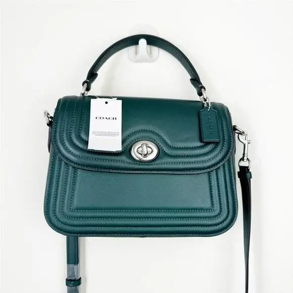 Coach Marlie Top Handle Satchel w/ Border Quilting Leather in Metallic Ivy Green