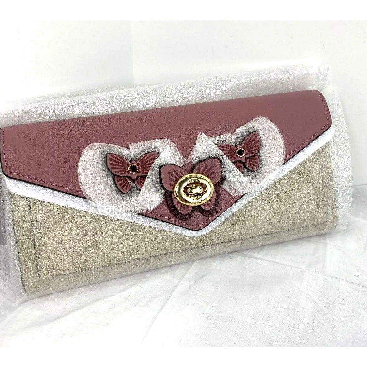 Coach Wallet Butterfly Appliqué Turnlock Rose Khaki 3126 W34