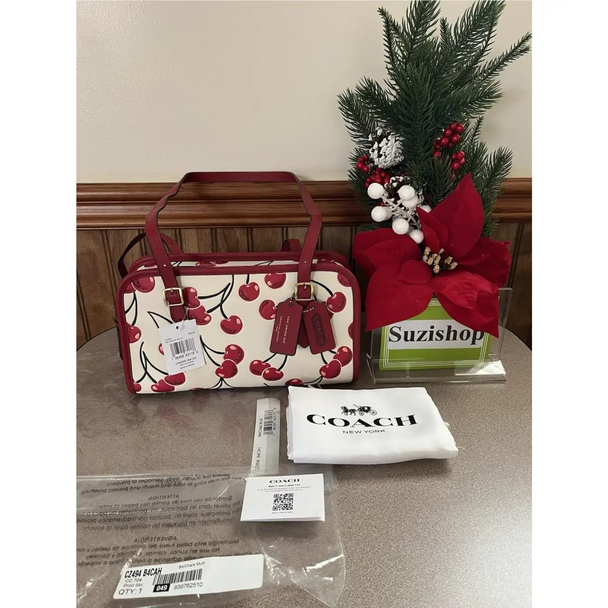 Coach Originals Swing Zip Leather Bag Cherry Print Chalk CZ494