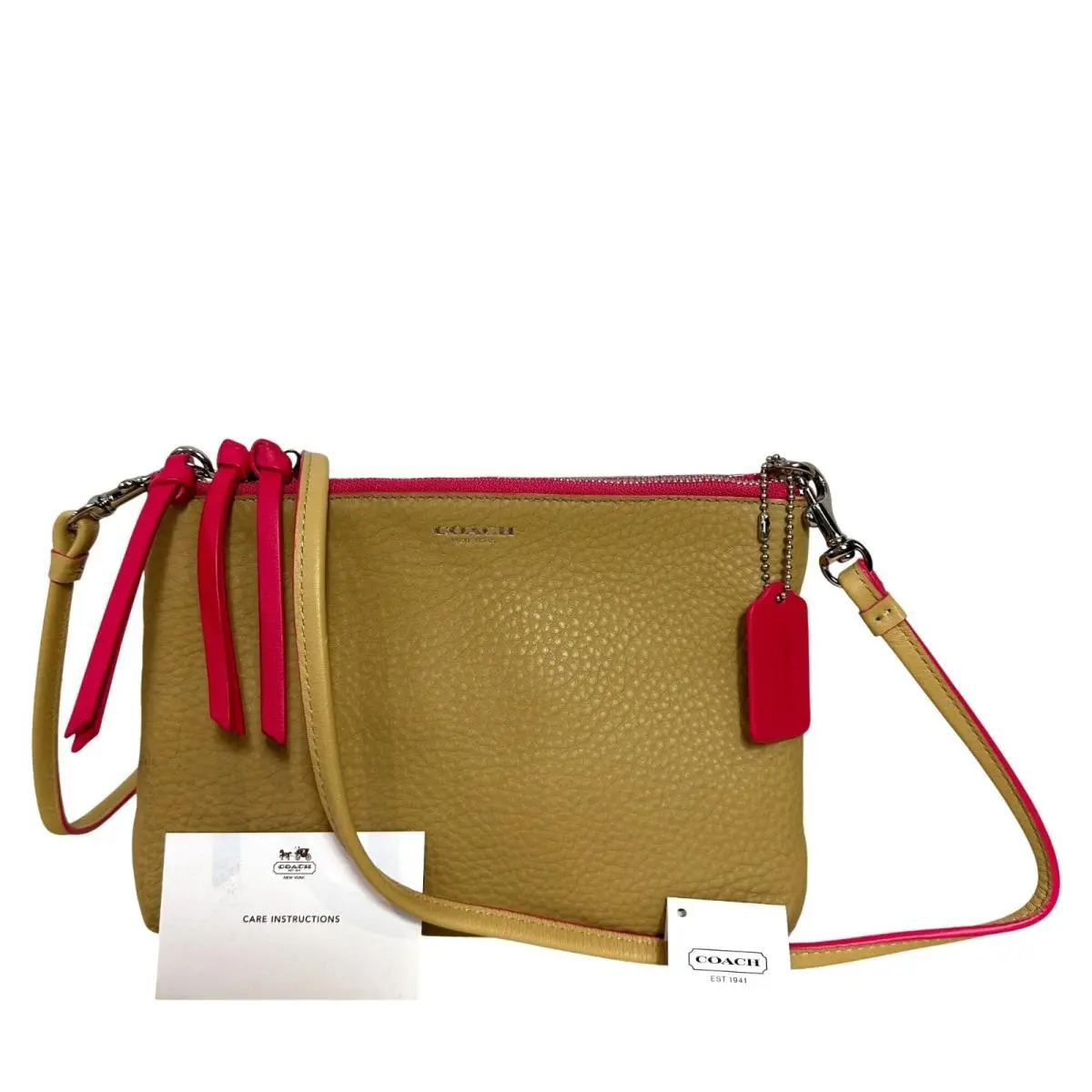 Coach Bleecker Triple Zip Leather Crossbody Camel Pink Ruby Edgepaint 51636