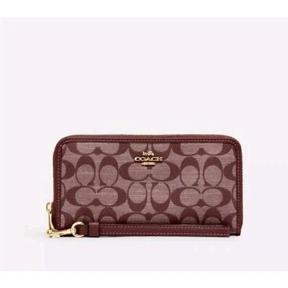 Coach Women`s Zip Around Wallet Wrist Strap Signature Fabric Leather Wine CH369
