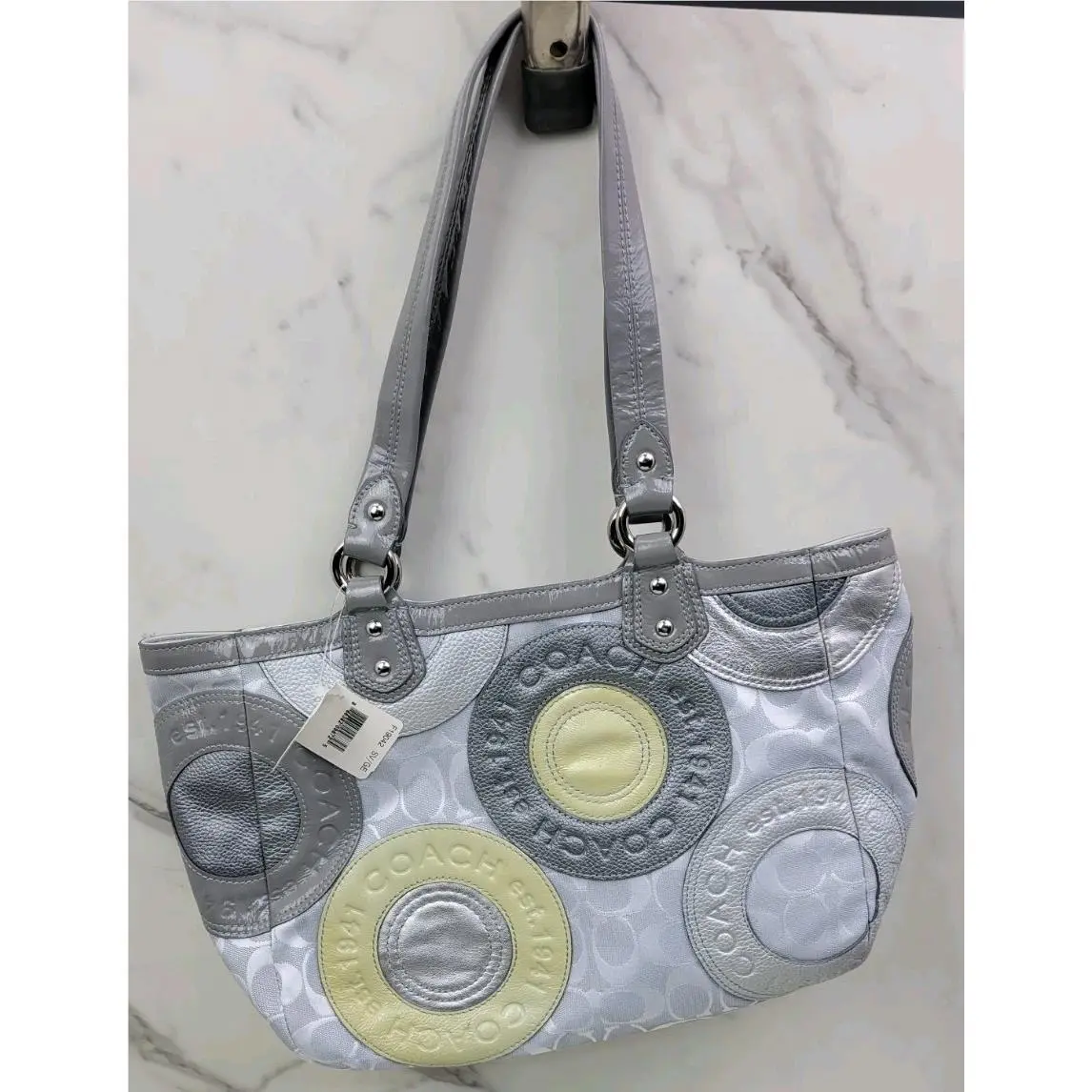 Coach East West Circle Patchwork Zip Tote Shoulder Bag Silver Leather Canvas