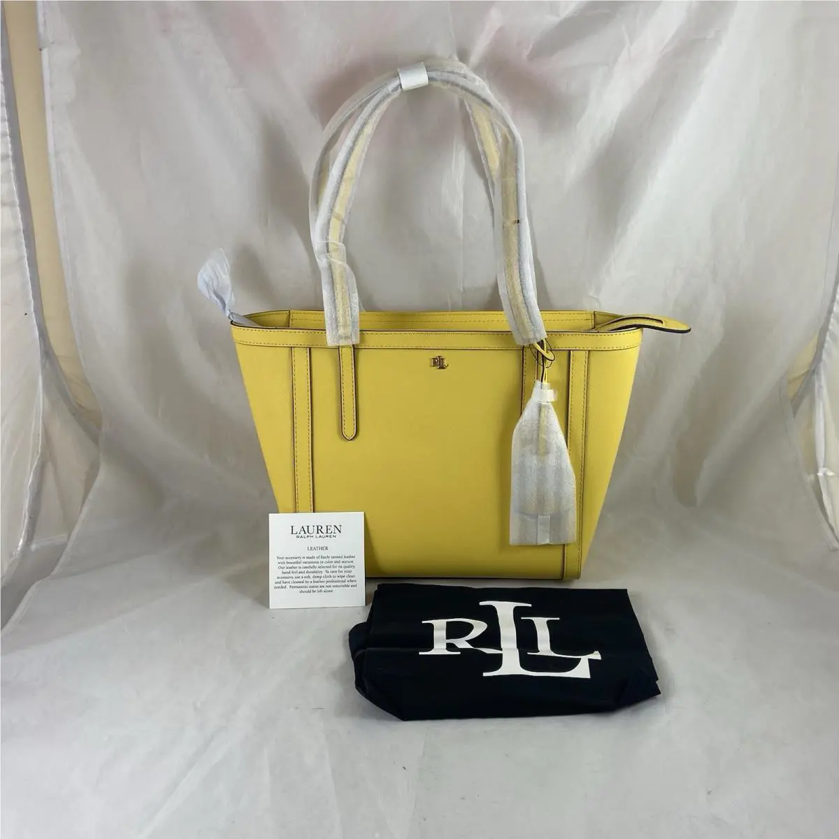 Lauren Ralph Lauren Crosshatch Leather Medium Clare Tote Yellow W/ Dust Bag