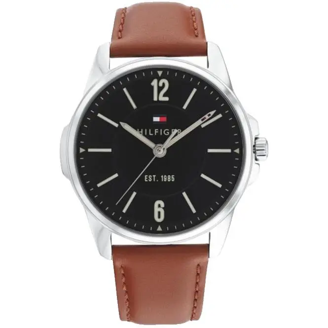 Tommy Hilfiger 1791448 Black Arabic Dial Brown Leather Strap 45MM Mens Watch