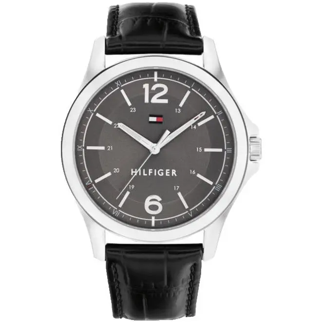 Tommy Hilfiger 1791376 Black Arabic Dial Black Leather Strap 45MM Mens Watch