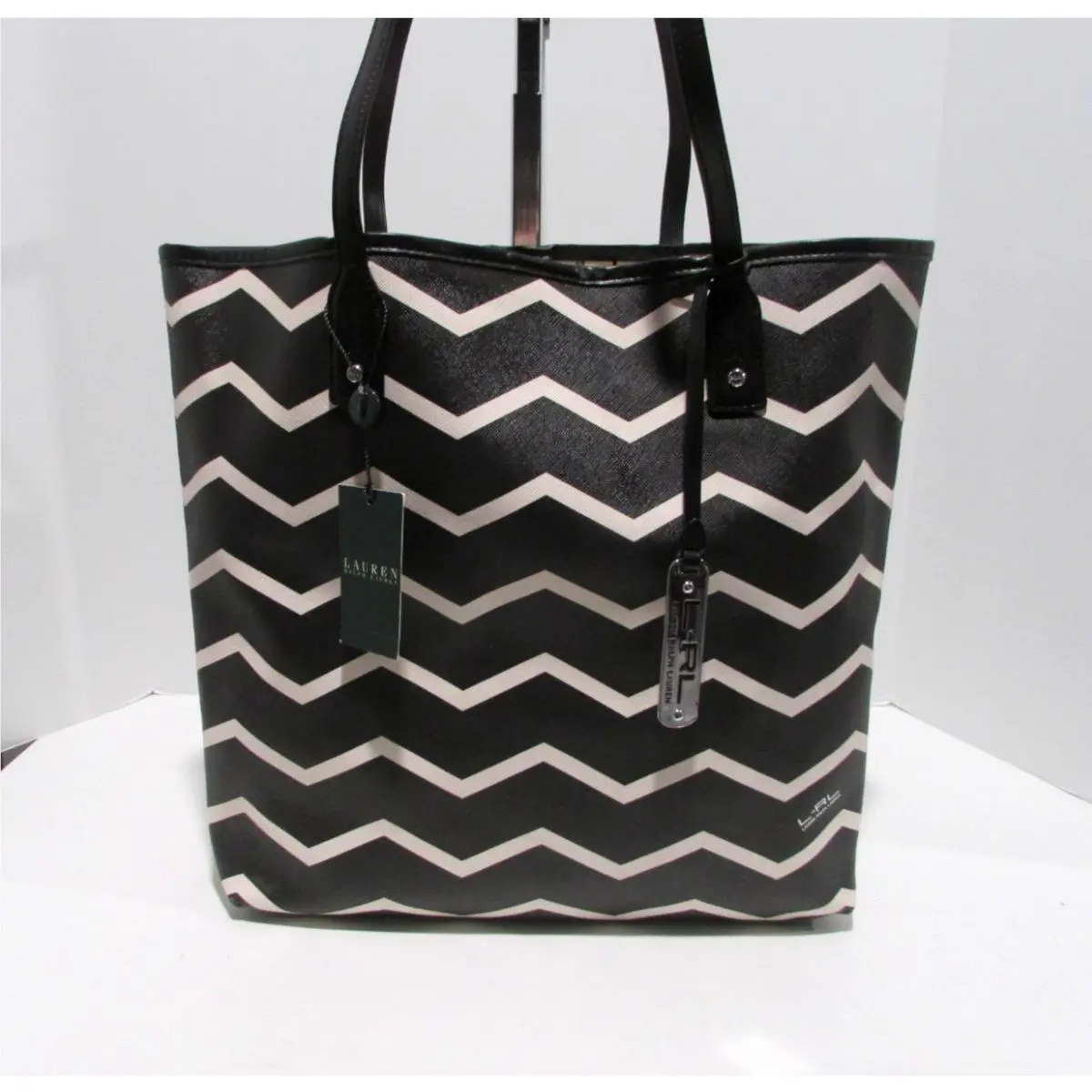 Ralph Lauren Kirby NS Tote Shopper Chevron Shoulder Bag Black Vanilla
