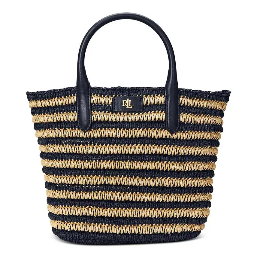 Lauren Ralph Lauren X1412 Navy Striped Straw Medium Brie Tote Bag